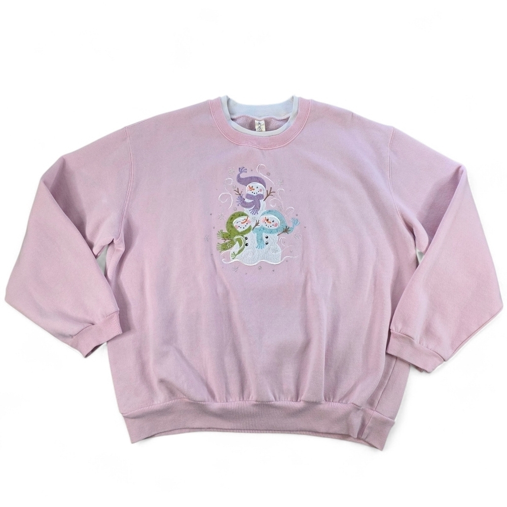 Pink Snowman Christmas Embroidered Crew Sweatshirt Double Collar XL Cozy Winter